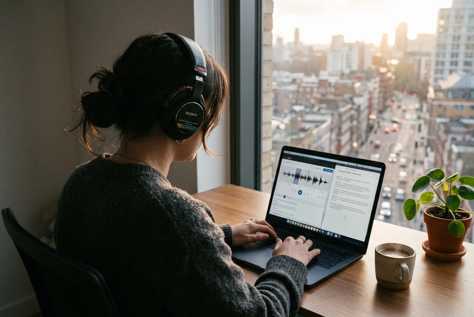 A transcriber working at a laptop with headphones, a waveform on screen